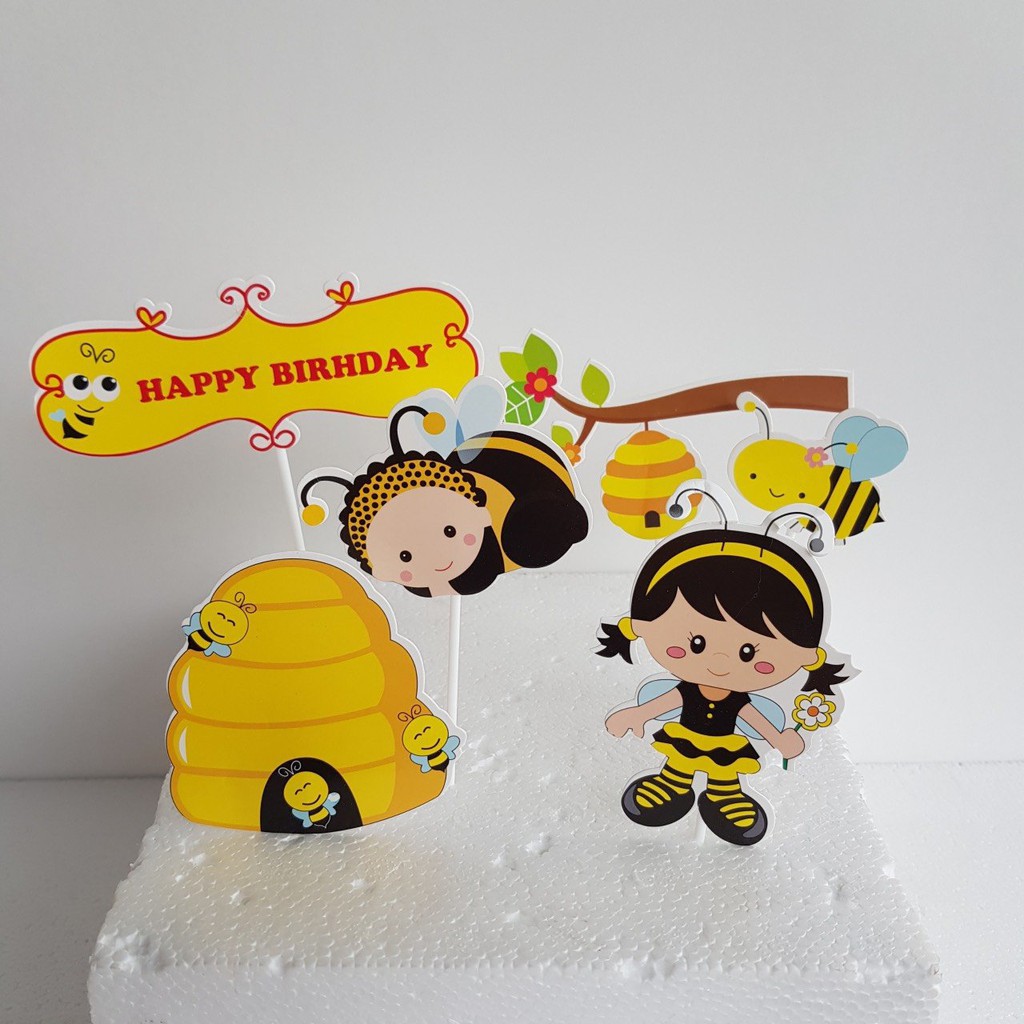 topper cắm bánh kem [FREESHIP] set cắm giấy bé gái và ong tinh nghịch