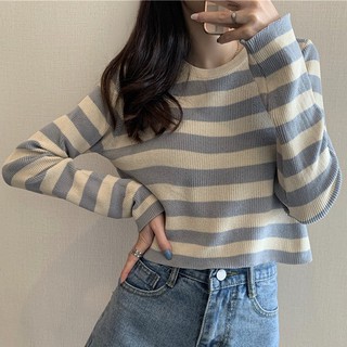 Áo len nữ mỏng croptop kẻ ngang tay dài cổ tròn chất đẹp hàng quảng châu thời trang thu đông kiểu 2021