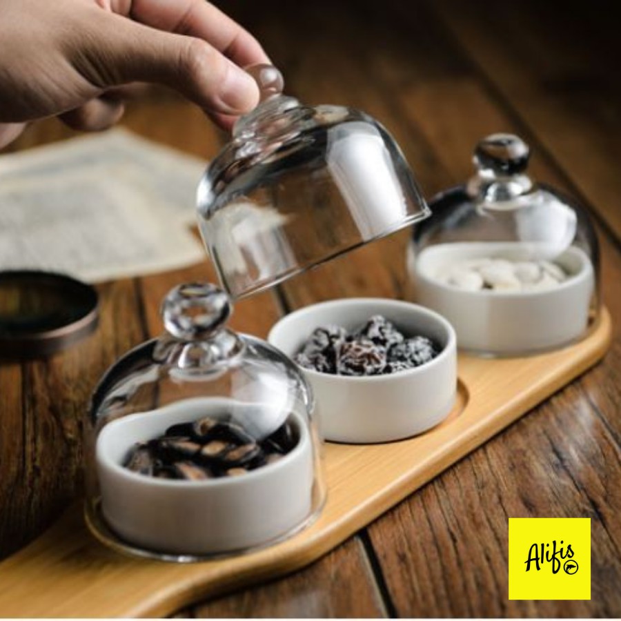 Khay tre đựng mứt tết bánh kẹo hoa quả gồm hũ sứ - chụp thủy tinh mini set 1, 2, 3 hũ - phong cách Nhật Bản