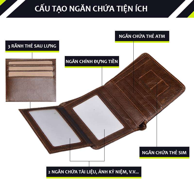 Ví nam AD01, bóp da bò dáng đứng thiết kế nhiều ngăn đựng tiền, thẻ siêu bền bảo hành 06 tháng - Fox Leather