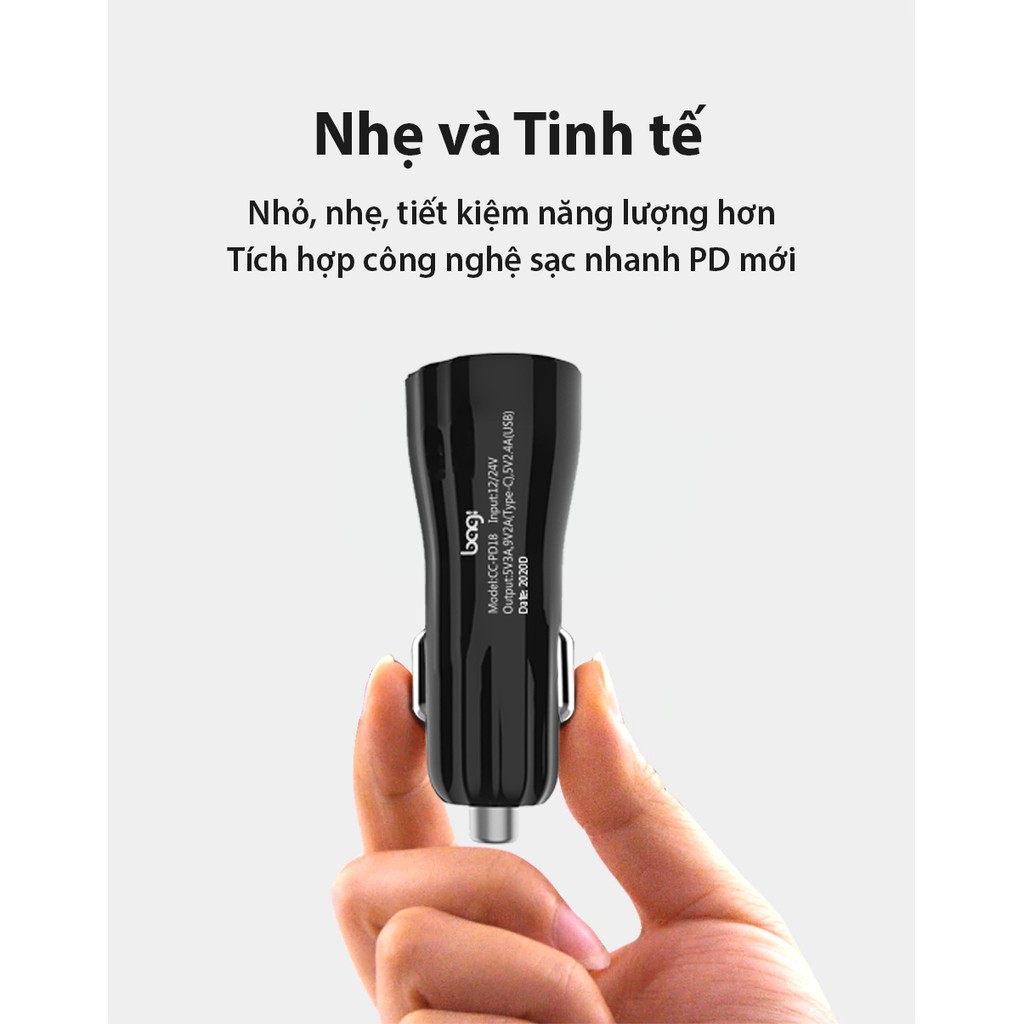 [BAGI] Củ sạc nhanh ô tô Bagi chuẩn PD Type-C 18W CC-PD18 - Bảo hành chính hãng 12 tháng