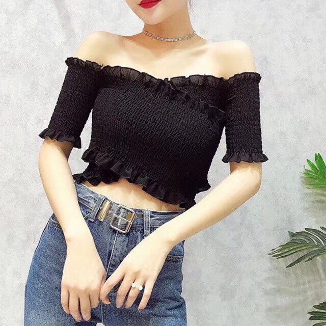 ÁO CROPTOP ÔM BODY NGẮN CO GIÃN - ÁO KIỂU CRT ULZANG NGẮN TAY VOAN TRƠN CHÉO NGỰC BASIC 117