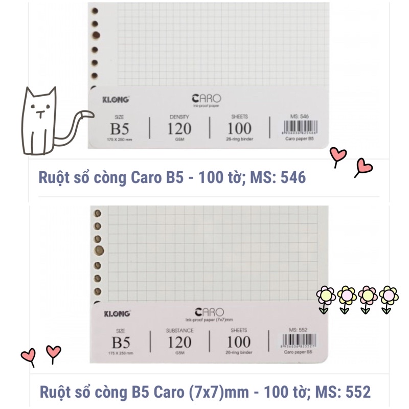 Ruột sổ còng kẻ ngang-lined / caro-ô vuông / dot drid-chấm ô B5 - 100 tờ; MS: 546 / 547 / 548 / 552 🌻