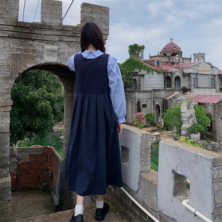 Bộ Áo Sơ Mi Cổ Buộc Dây Dáng Rộng + Đầm Yếm Dáng Rộng Thời Trang Phong Cách Hàn Quốc Cho Nữ