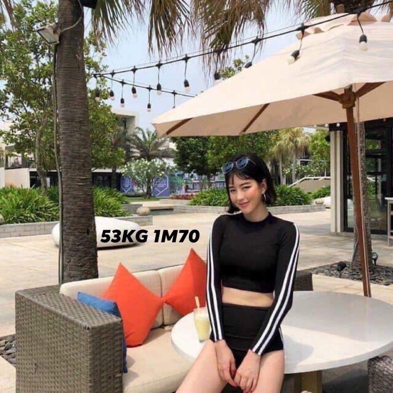 Đồ bơi bikini nữ dài tay áo croptop quần tam giác cạp cao viền trắng