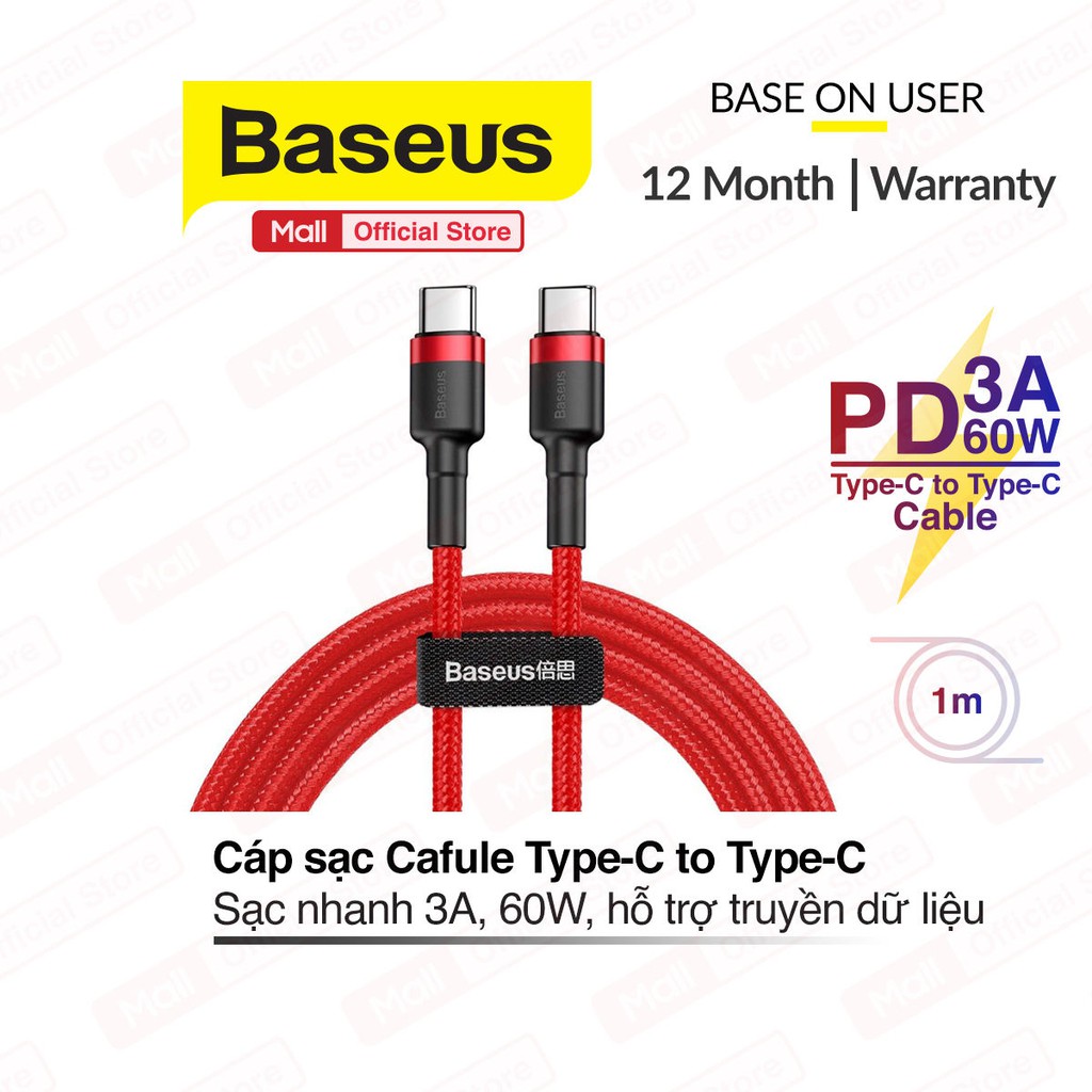 Cáp sạc Baseus Cafule Series 60W Type-C PD2.0 Cable Type-C to Type-C, sạc nhanh 3.0, truyền dữ liệu tốc độ cao 480Mbps