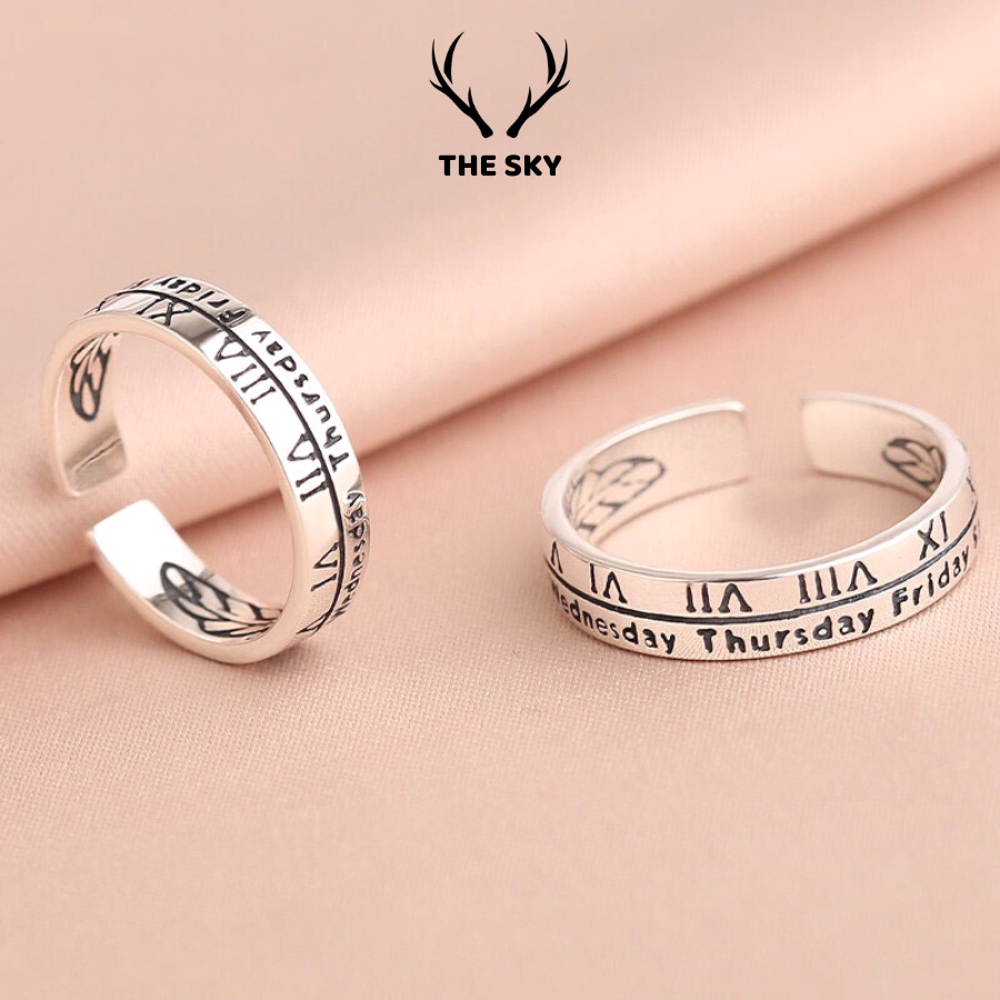 Nhẫn Bạc Nữ THE SKY NB10 Mẫu Trơn Bản To Khắc Số La Mã Freesize