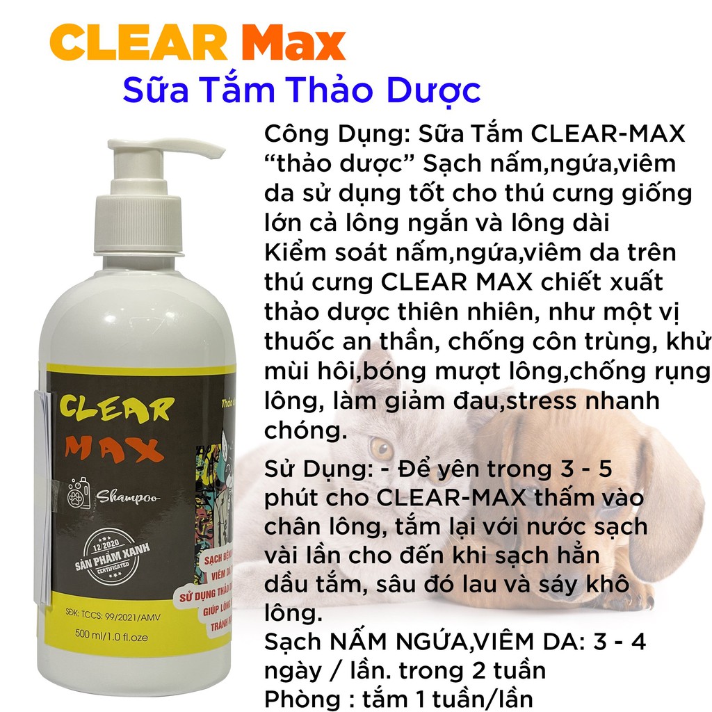 Sữa tắm chó mèo CLEAR-MAX chiết xuất thảo dược giúp thú cưng Sạch nấm,ngứa,viêm da,bóng mượt lông từ AMITAVET chai 500ml