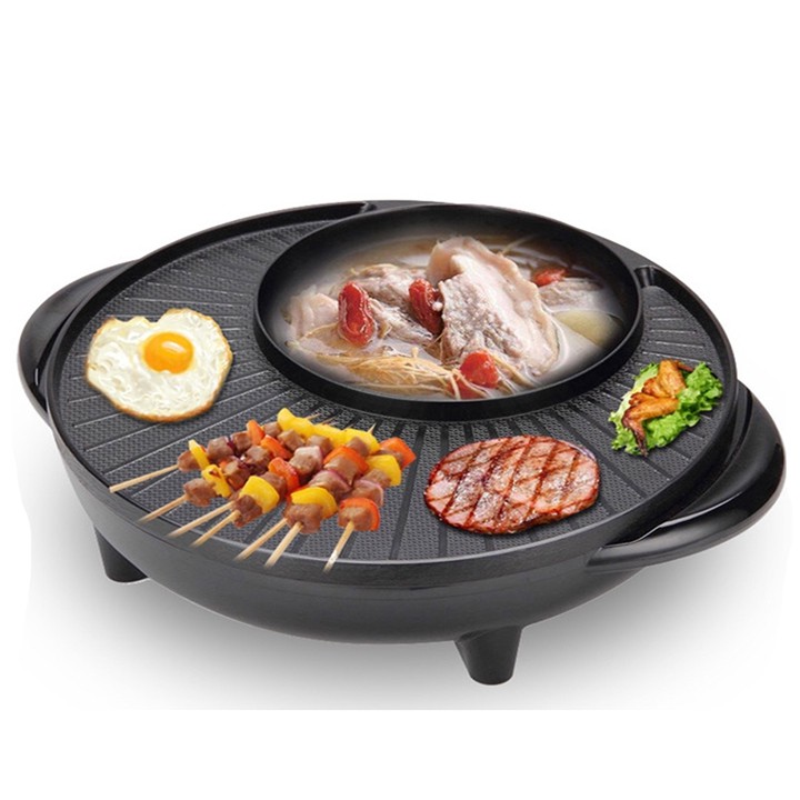 Bếp lẩu nướng điện 2 trong 1 BBQ, nồi lẩu nướng điện đa năng hình tròn