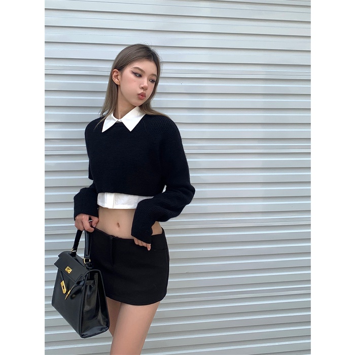 Áo Sweater Dệt Kim Tay Dài Cổ Tròn Màu Đen Thời Trang Mùa Thu Cho Nữ