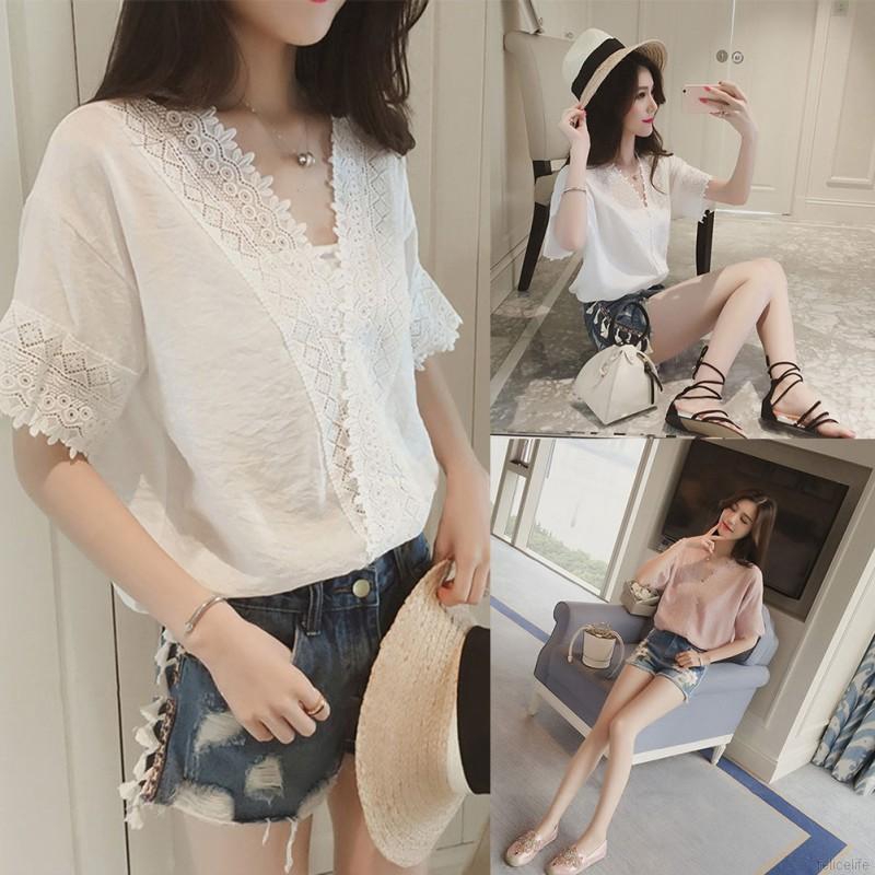 Áo nữ ngắn tay cổ V viền ren màu trơn thời trang nữ