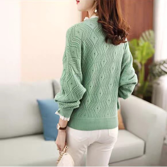 Áo len nữ phom dáng rộng chất dày cổ tròn chui đầu pha ren thời trang thu đông mới