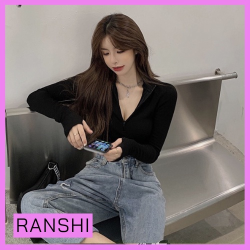 Áo Dài Tay Cổ Lọ Khóa Kéo 3 Phân RANSHI Áo Thun Dài Tay Vải Thun Gân Co Giãn Kiểu Dáng Basic Dễ Phối Đồ - RA073