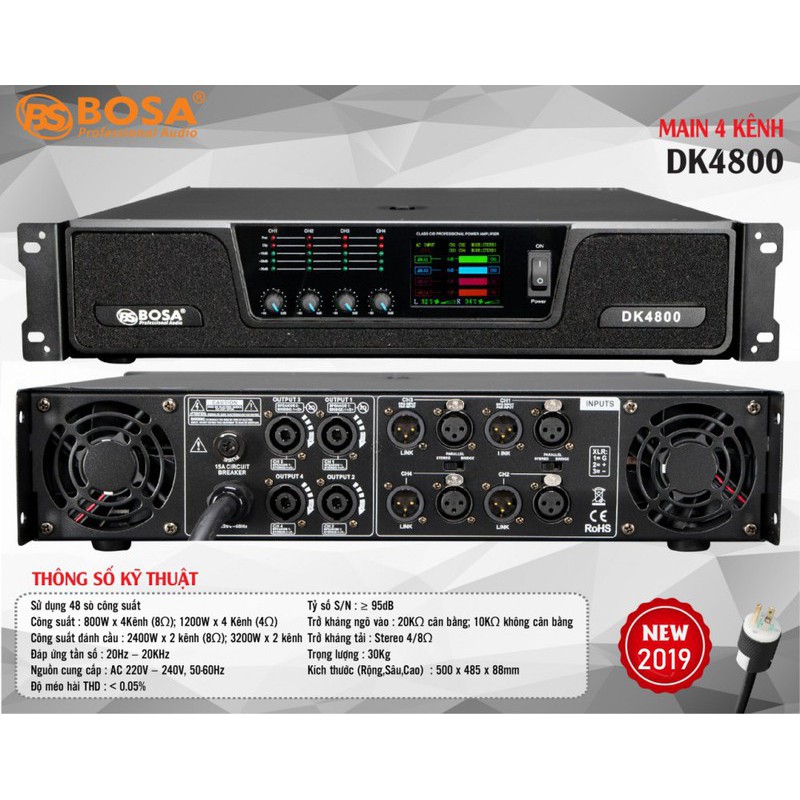 Main Công Suất 4 kênh Bosa DK4800 Dòng Main Đánh Full Tuyệt Vời-công suất 800W-1 kênh - TẶNG JACK CANON