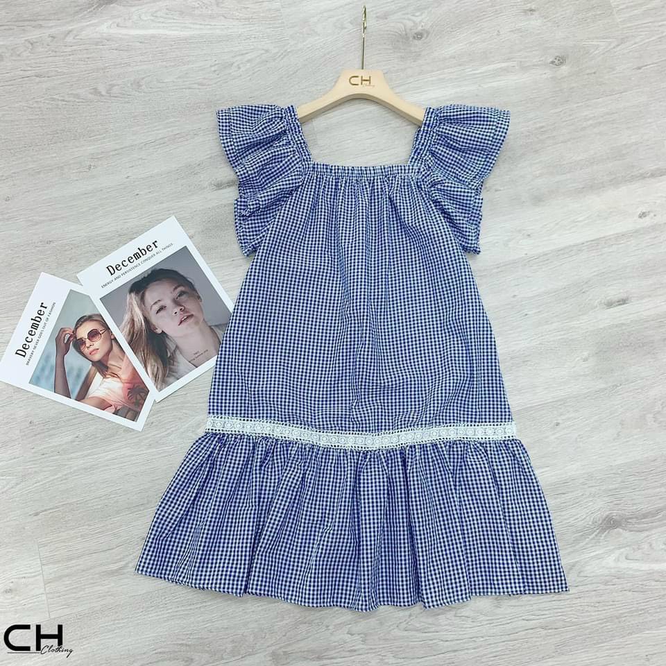 Đầm Kẻ Xanh Cánh Tiên Phối Ren | BigBuy360 - bigbuy360.vn