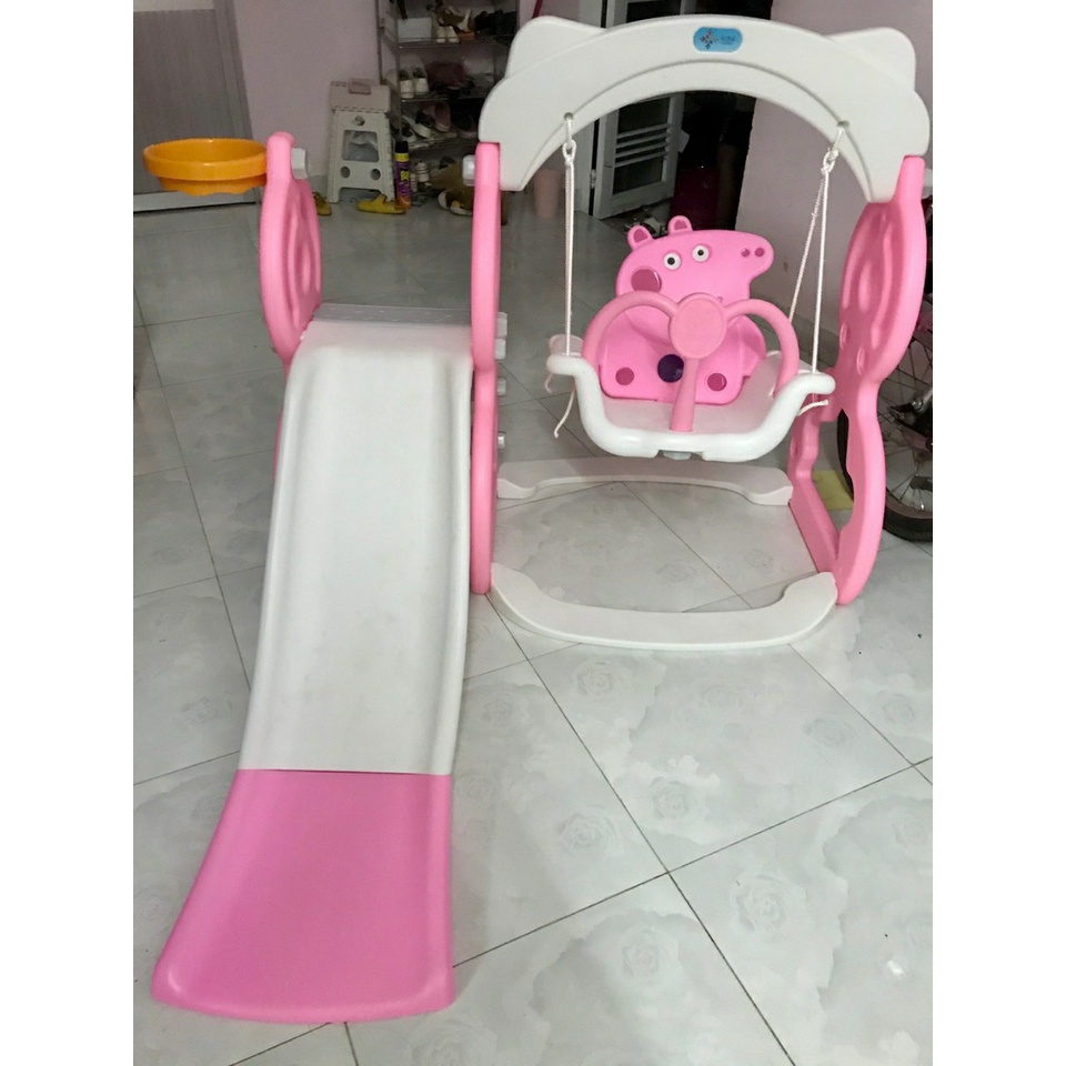 Bộ đồ chơi liên hoàn cầu trượt xích đu hình heo Peppa xanh / hồng có bóng