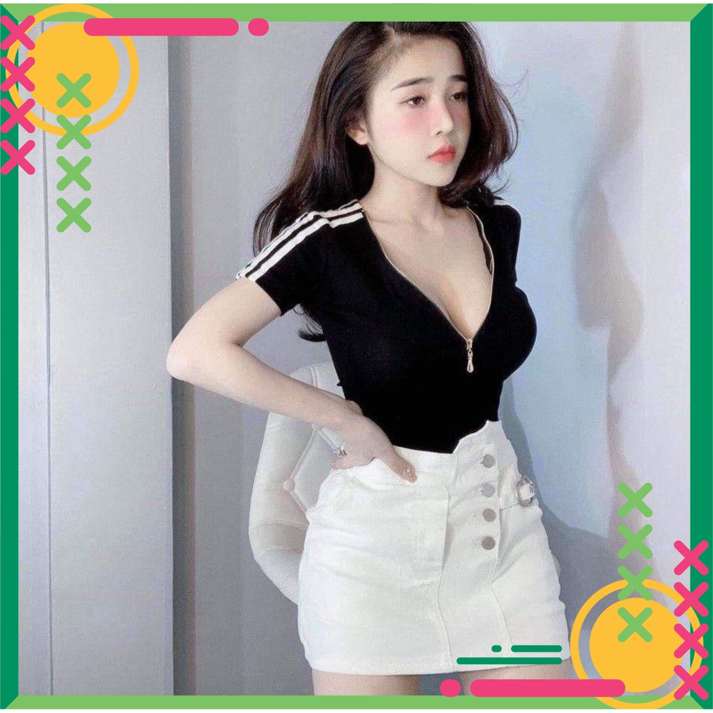 xả kho 11439 Áo thun ôm body dây kéo ngực tay sọc sexy xả kho