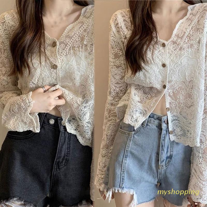 Áo Cardigan Cổ Chữ V Tay Dài Phối Ren Và Nút Họa Tiết Hoa Cho Nữ