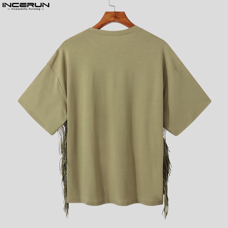 Áo thun tay ngắn INCERUN dáng rộng màu trơn phối tua rua thiết kế thời trang đơn giản cho nam
