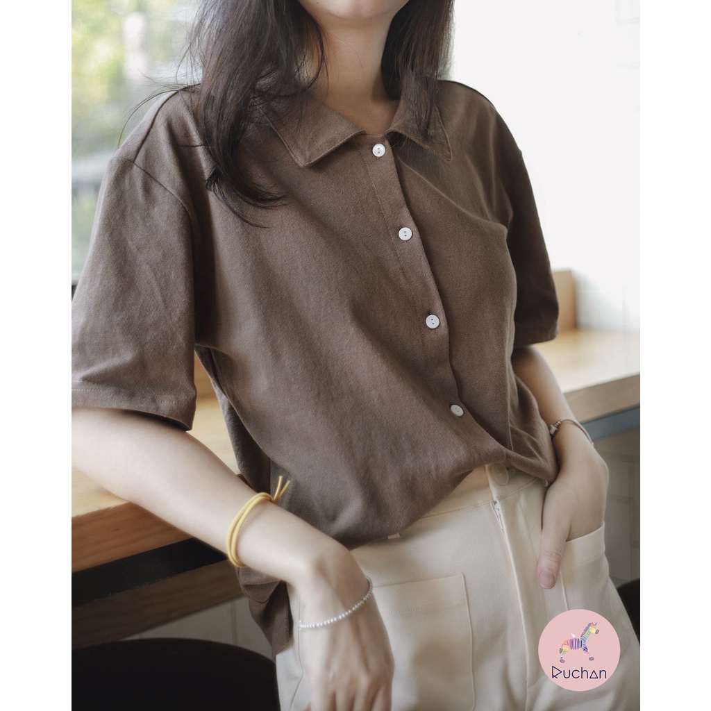 Áo thun nữ tay ngắn RUCHAN có cổ polo form rộng thiết kế có nút +2% phí shopee
