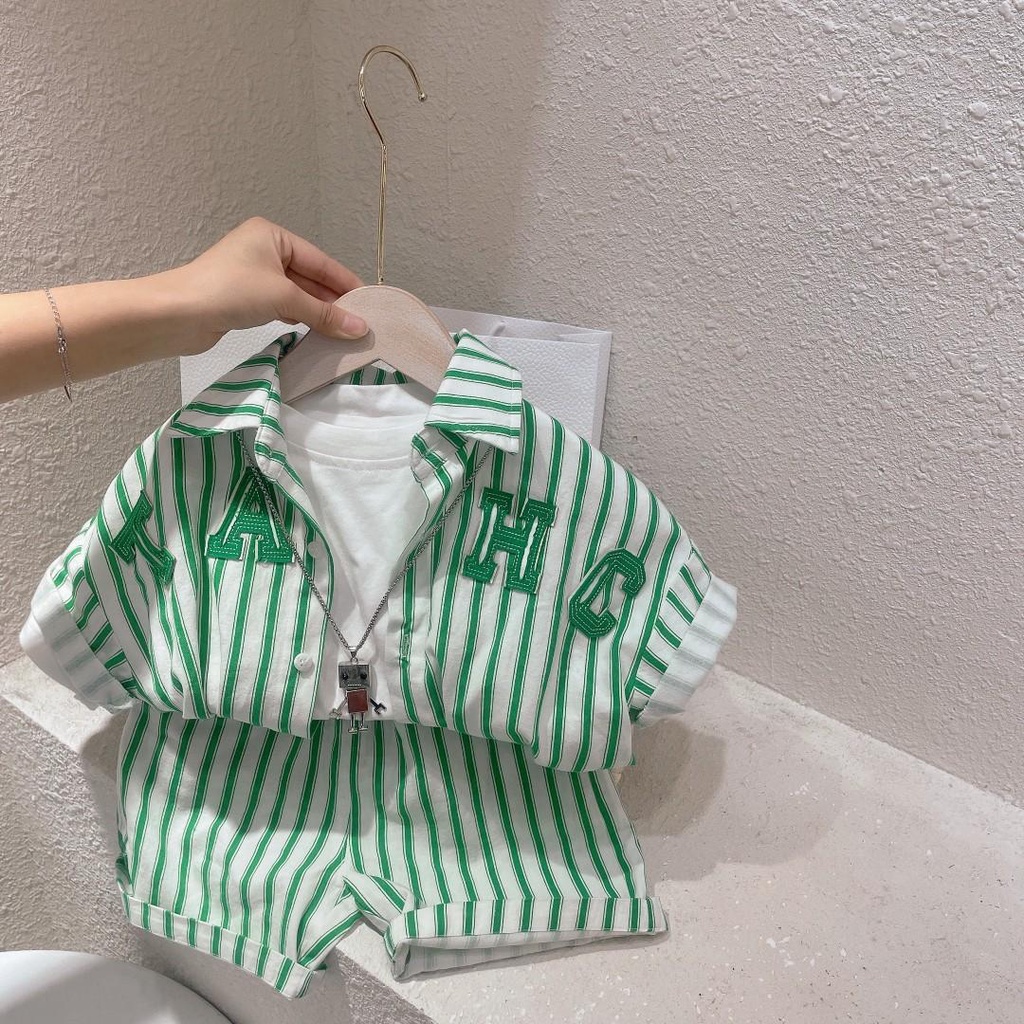 Bộ Áo Sơ Mi Kẻ Sọc Ngắn Tay + Quần Short Phong Cách Đường Phố Thời Trang Mùa Hè Cho Bé Trai 0414