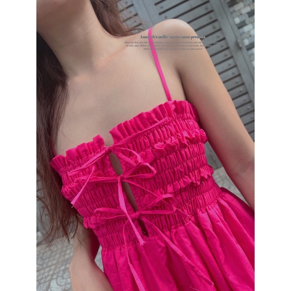 Đầm maxi nhún ngực DOLLY DRESS hồng cánh sen