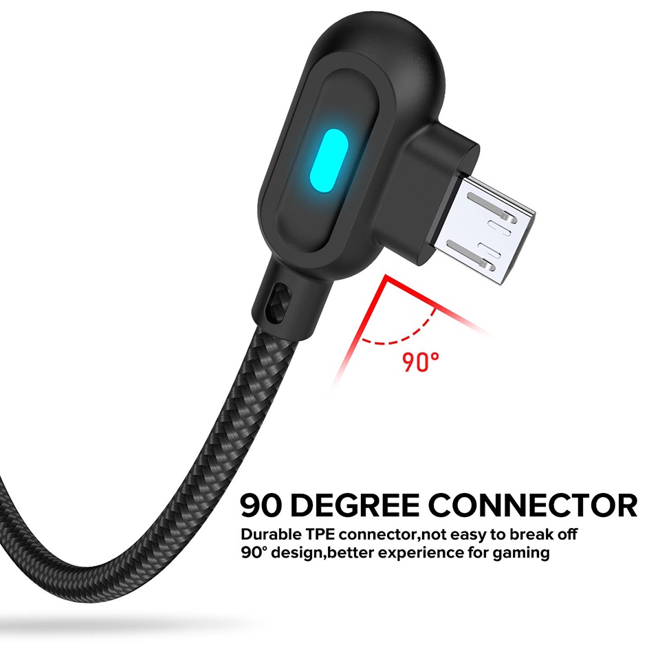 Dây Cáp Sạc Nhanh USB Micro USB / Type C 2.4A Có Đèn LED 90 Độ Chuyên Dụng Cho Android