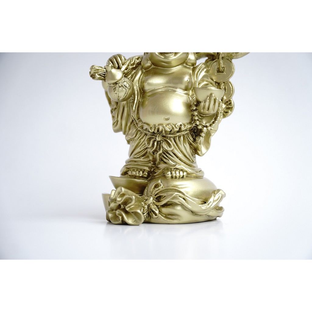 Tượng Phật Di Lặc trên bao tải tiền mạ đồng cầu tài lộc - Cao 14cm