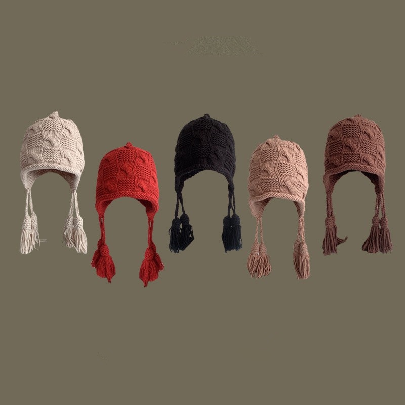 Mũ Len Bảo Vệ Tai Phối Tua Rua Thời Trang Thu Đông Cho Nữ