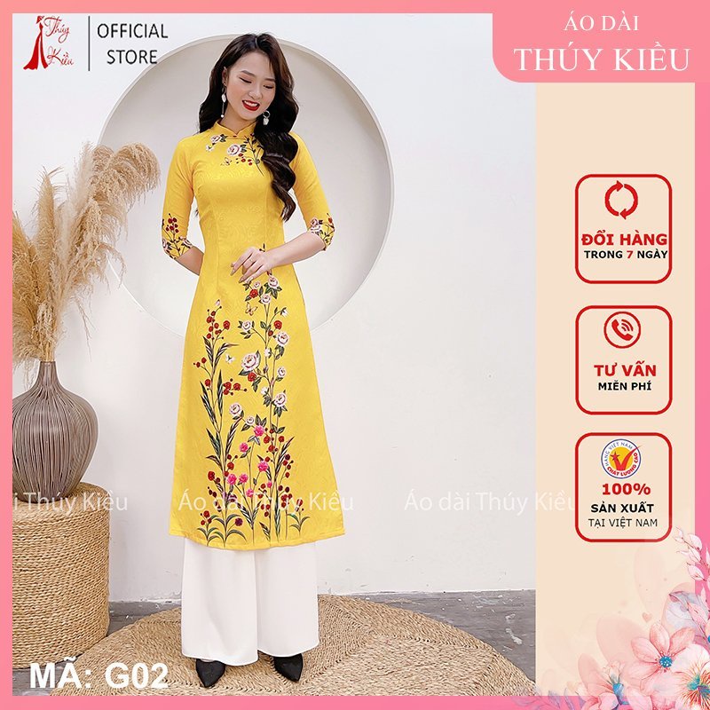 Áo dài cách tân Gấm tết thiết kế đẹp nền vàng hoa dây G02