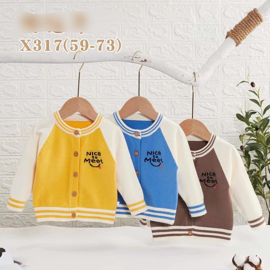 317 Áo len sơ sinh thu đông cúc cài giữa phối màu thể thao len quảng châu mềm mịn co giãn 3-12kg