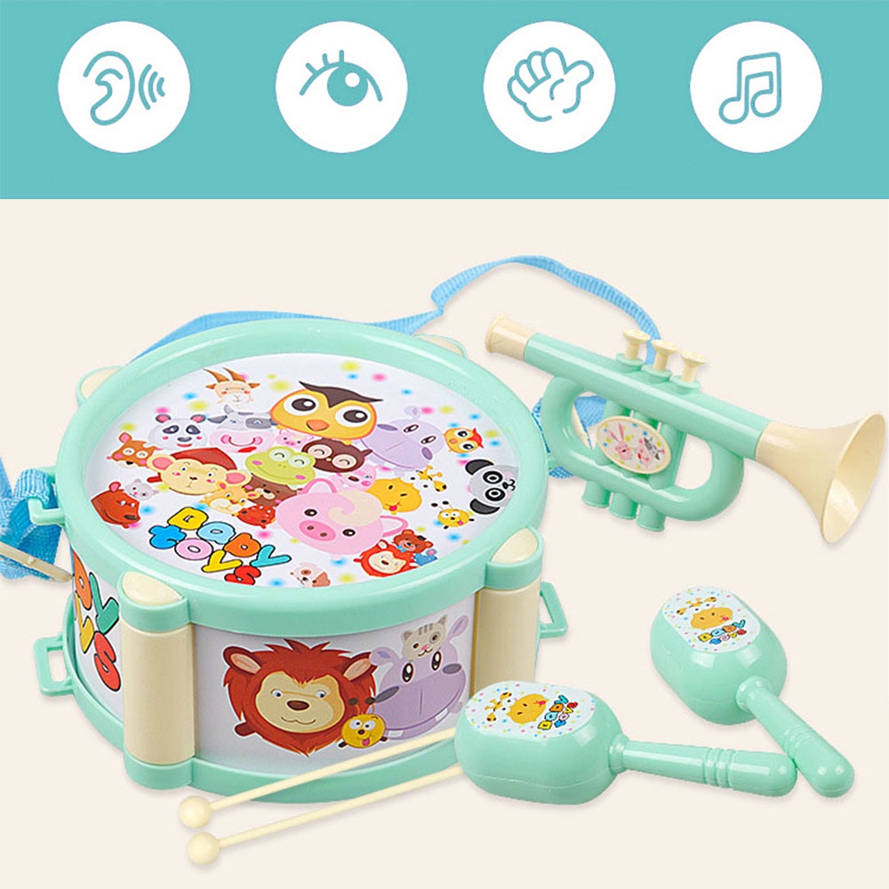 Bộ đồ chơi nhạc cụ 6 món cho bé gồm 1 trống 2 dùi trống 2 trống lắc và kèn)