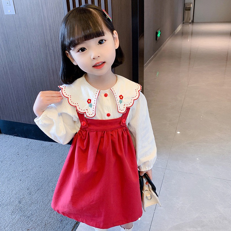 Set Áo Sơ Mi Tay Phồng Thêu Họa Tiết + Đầm Yếm Thời Trang Mùa Thu Xinh Xắn Cho Bé Gái