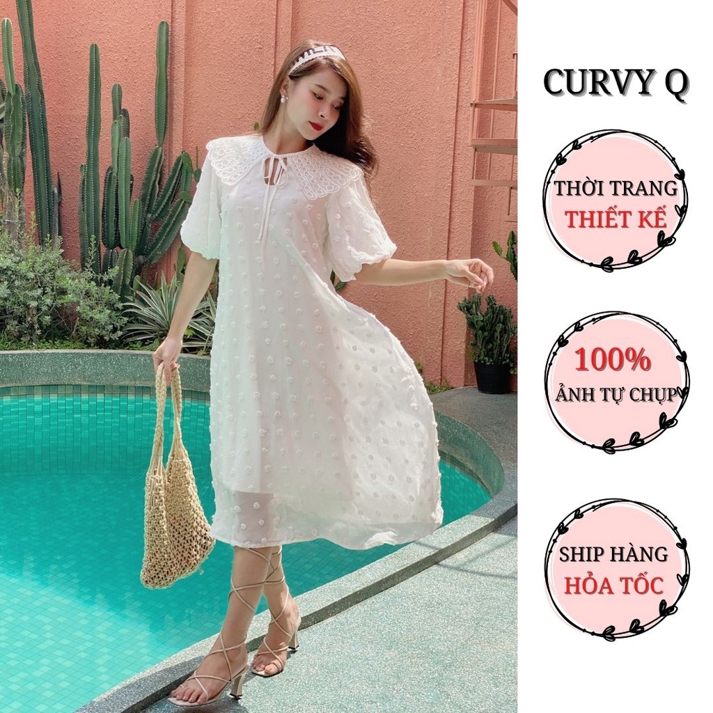 Váy Voan Trắng Bông Nổi Váy Dáng Suông Trắng Cổ Ren Tiểu Thư Thời Trang Thiết Kế Nữ CurvyQ