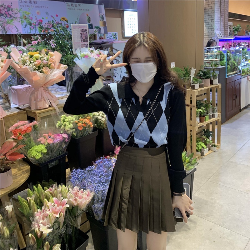 Áo Len Tay Dài Màu Sắc Tương Phản Phong Cách Retro Hàn Quốc