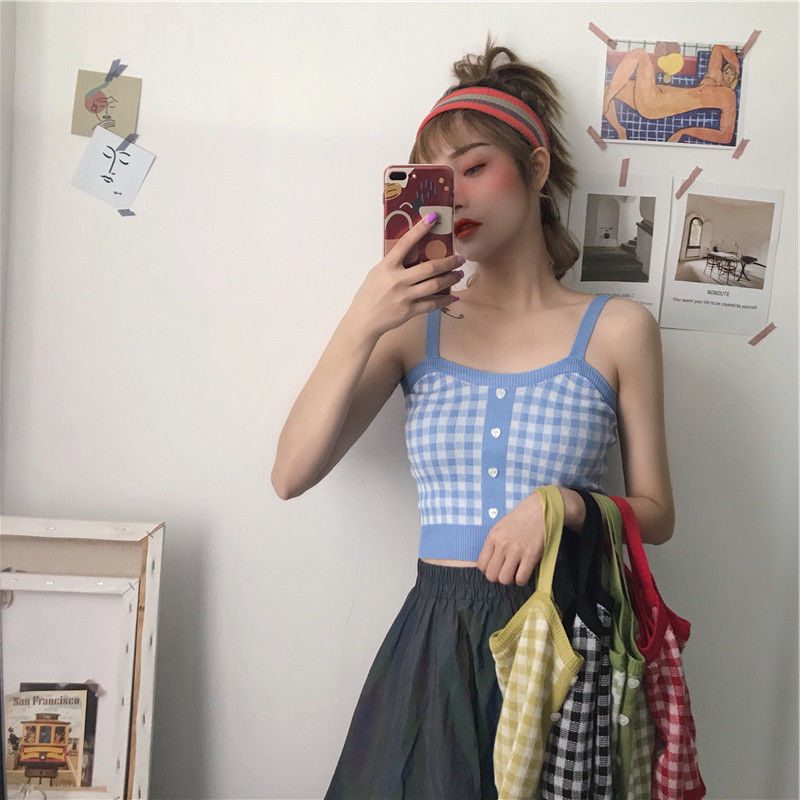 COZOKC COZOK Áo dệt kim không tay kẻ sọc kiểu retro Hàn Quốc xinh xắn thời trang cho nữ