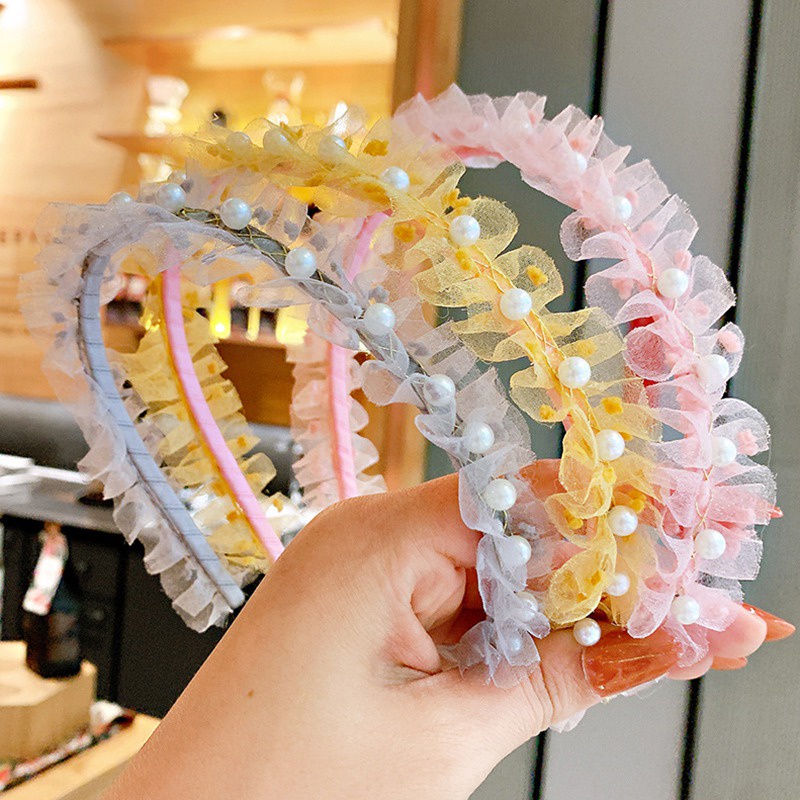 Kẹp Tóc Công Chúa Phối Ren Lưới Đính Ngọc Trai Xinh Xắn Cho Bé Gái
