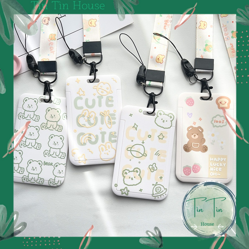 Dây đeo thẻ học sinh, sinh viên, nhân viên kèm bảng tên thiết kế dọc họa tiết BEAR - CUTE
