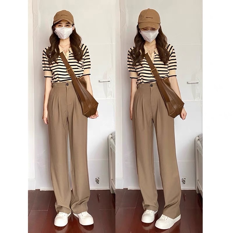 Quần Kaki Ống Rộng Nữ Meestore - Cullotes Màu Nâu Tây Dáng Suông Phong Cách Hàn Quôc