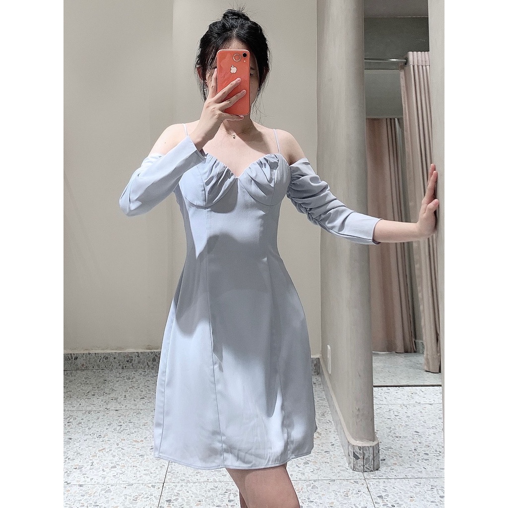 RECHIC Đầm ngắn Arin hai dây kiểu trễ vai nhún ngực xinh xắn gợi cảm dạo phố đi chơi đi tiệc