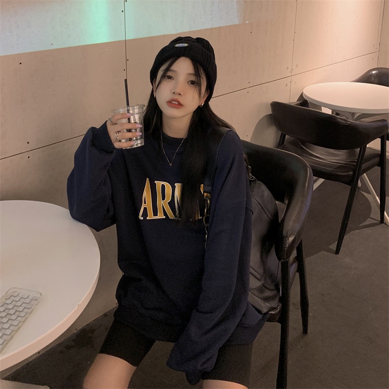 Áo Sweater Tay Dài Dáng Rộng Cổ Tròn In Chữ Kiểu Hàn Quốc Cá Tính