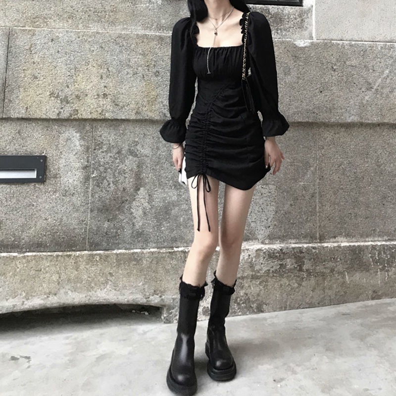 COZOK Đầm tay dài cổ vuông ôm eo phong cách retro