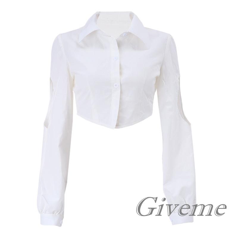 Áo Croptop Tay Dài Cổ Bẻ Màu Trơn Thời Trang Cho Nữ