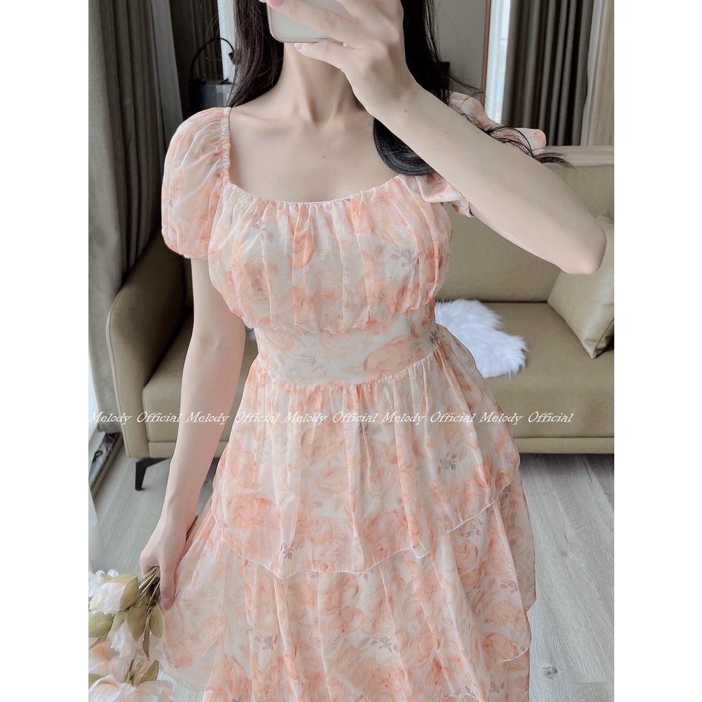 Váy hoa nhí xếp tầng, váy maxi đi biển họa tiết hoa cam sang chảnh, tôn da