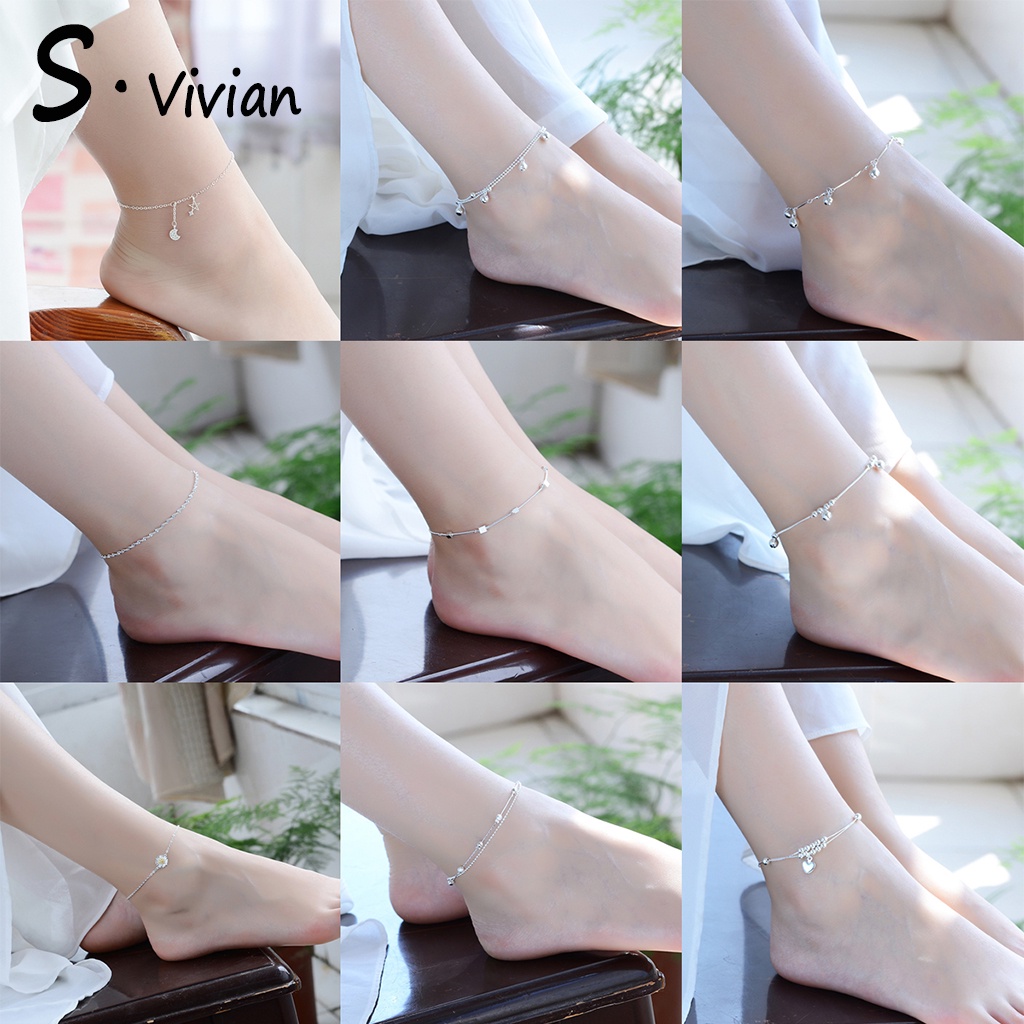 vòng chân Lắc chân mạ bạc 925 phối mặt hình vuông/trái tim/hoa cúc/mặt trăng đơn giản xinh xắn thời trang cho nữ