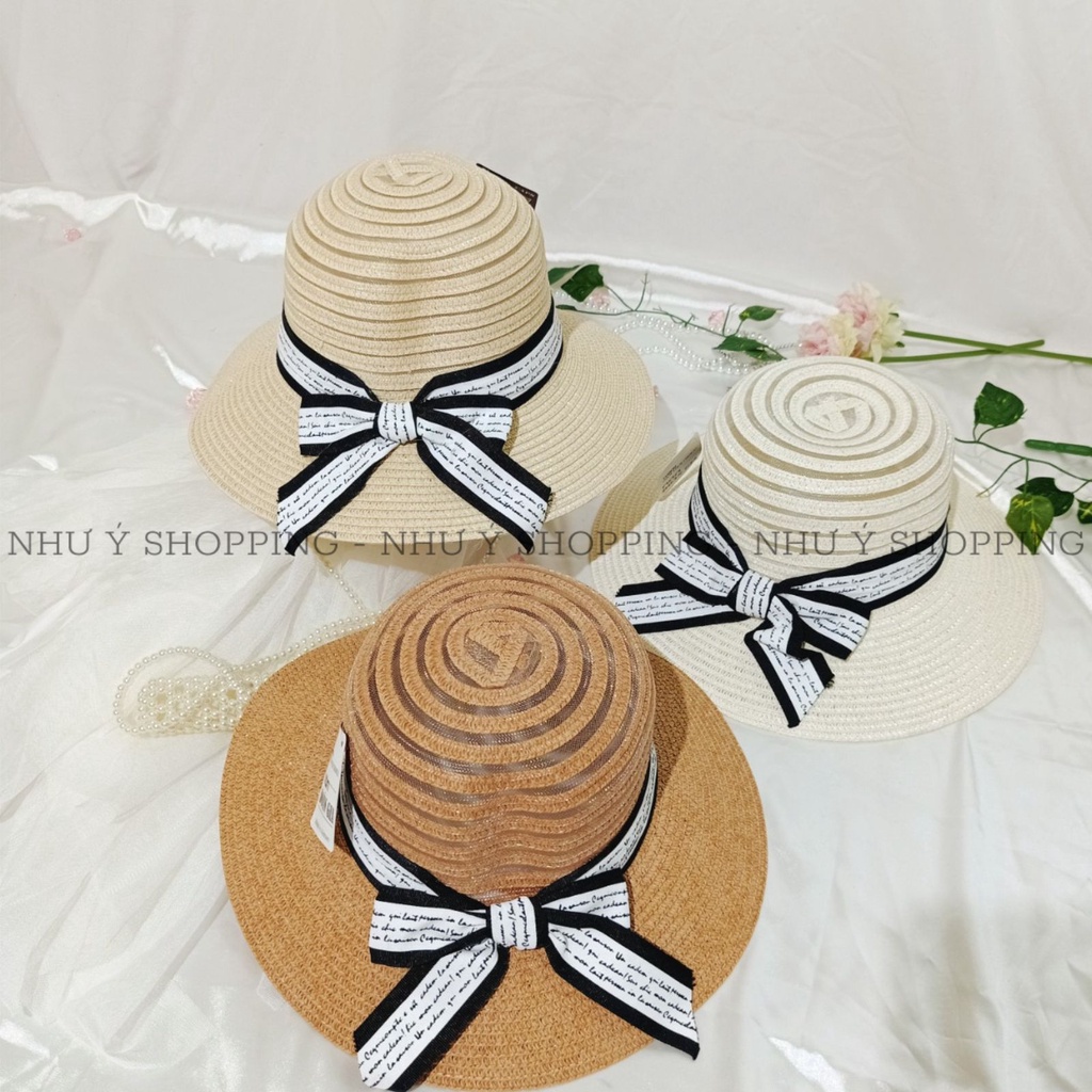Nón cói,mũ cói nữ đi biển vành nhỏ phối lưới nơ viền sọc in chữ tiểu thư sang chảnh-q12m viền sọc chữ