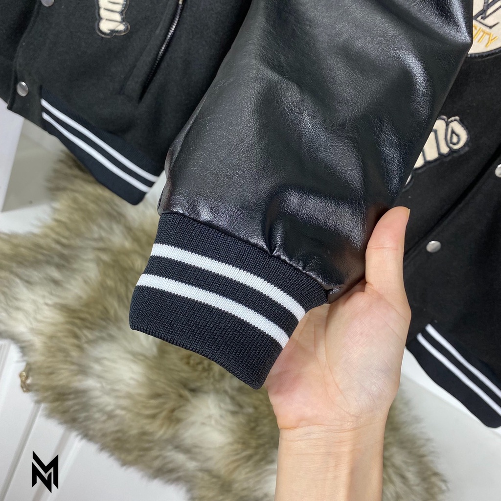 Áo khoác nỉ bomber LV phối tay da logo vá wash hàng cao cấp