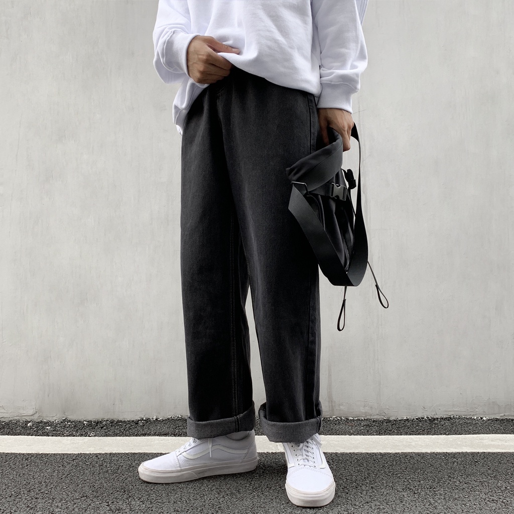 Quần denim ống rộng màu trơn thời trang mùa thu Nhật Bản cho nam size S-5XL