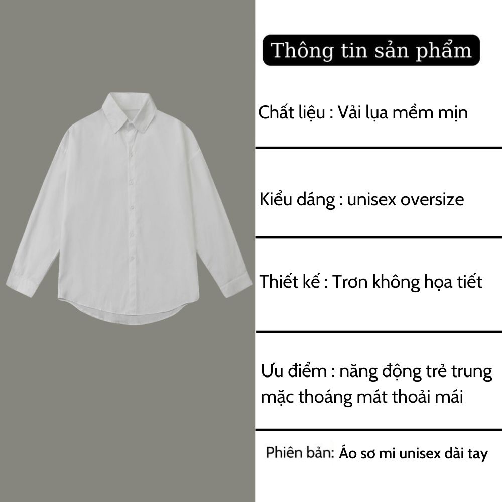 Áo sơ mi nam nữ dài tay Hàn Quốc Unisex Basic trơn from rộng màu trắng và đen Chất lụa mịn mát không nhăn xù chống phai
