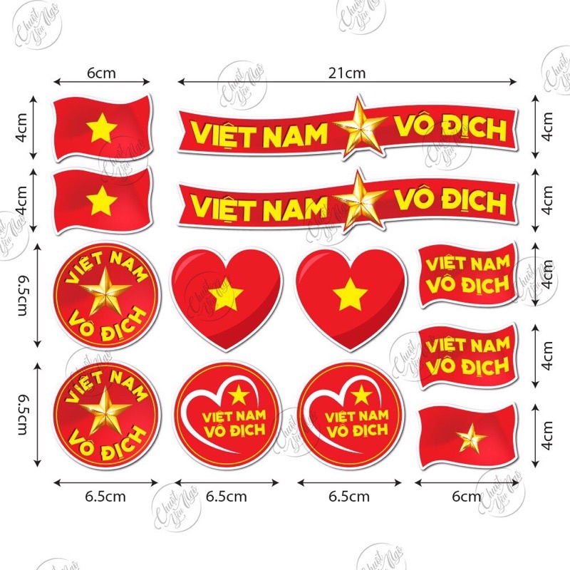 Bộ 13 sticker decal chống nước hình dán trái tim đỏ lá cờ đỏ sao vàng Việt Nam vô địch tôi yêu VN cổ động bóng đá NT 30